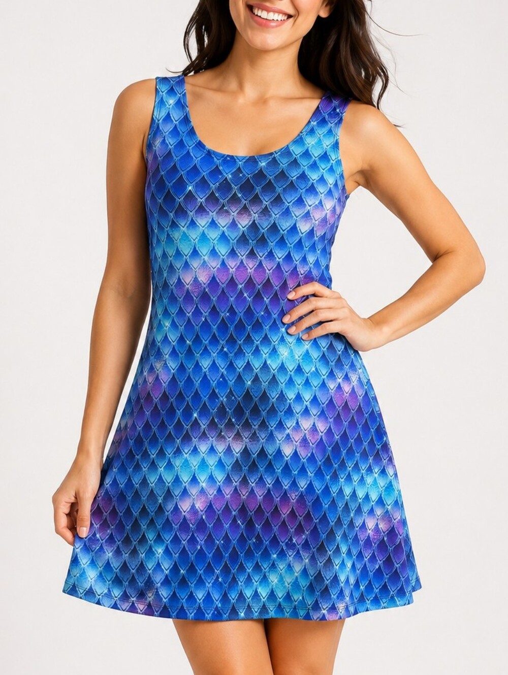 Blue Mermaid Scale Sleeveless Skater Dress